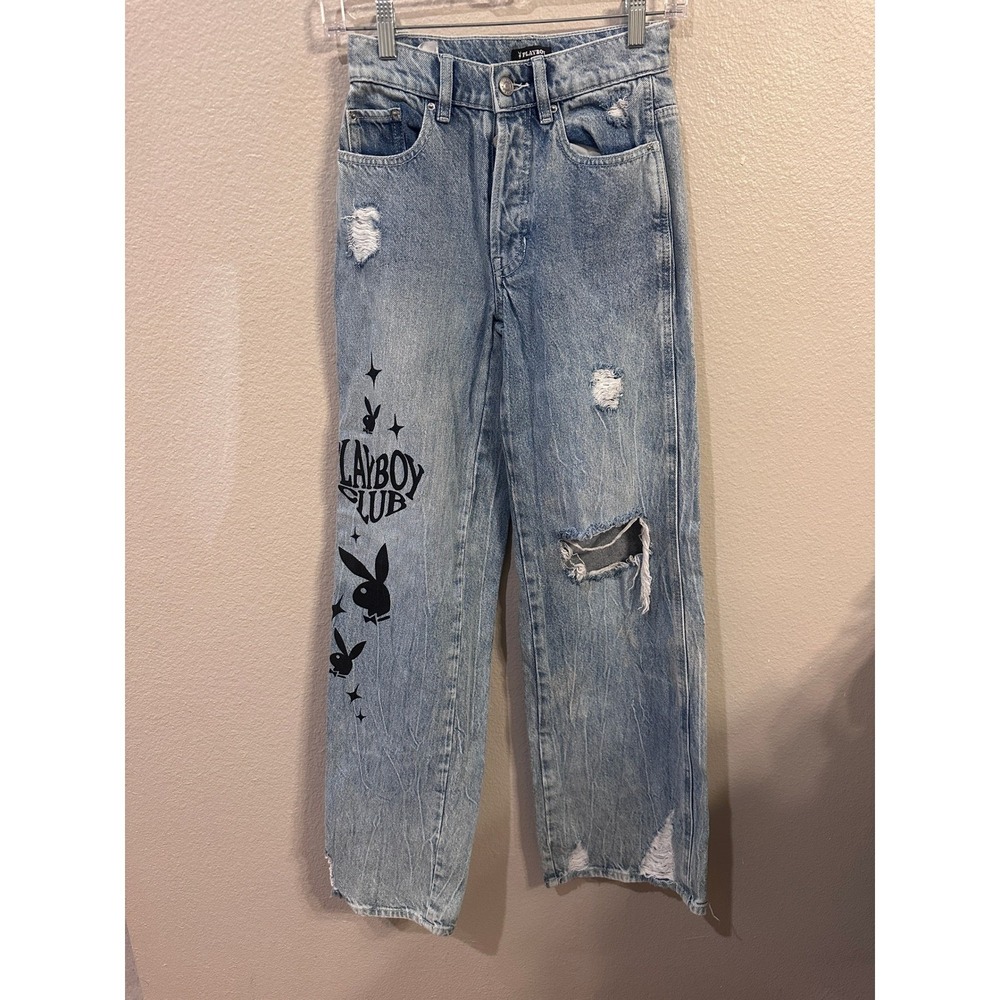 Playboy by PacSun Distressed Ripped Jeans Light Wash Graphic Design Women's